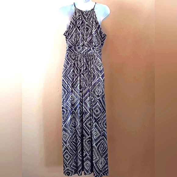 LOFT Summer Halter Maxi Dress M Petite Navy Cream Resortwear - Picture 2 of 8